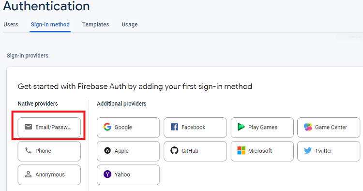 Selecting Firebase Authentication with Email/Password