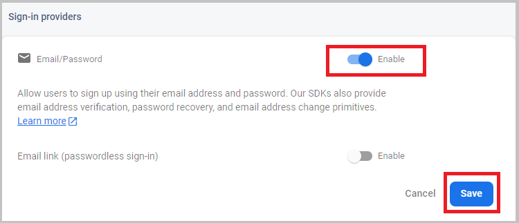 Enable Email/password authentication Firebase