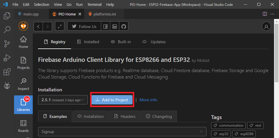 Add Firebase ESP Client Library to Project VS Code